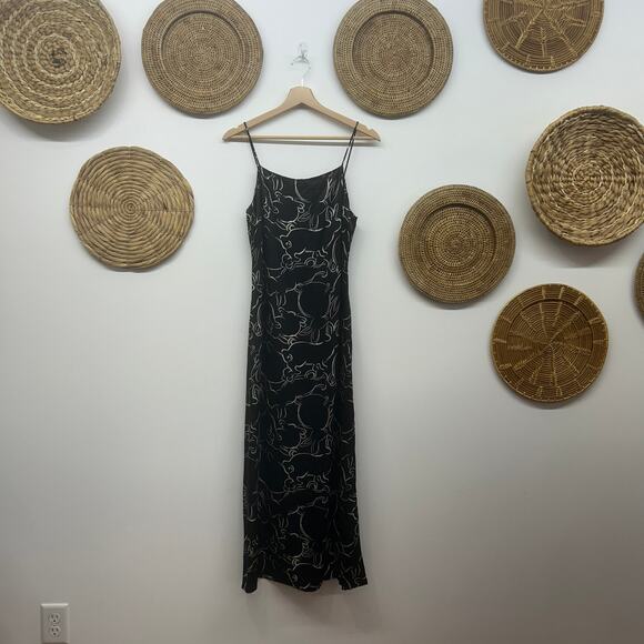 Zara Neutral Black White Sleeveless Rabbit Print Satin Slip Midi Dress XS - Picture 2 of 7